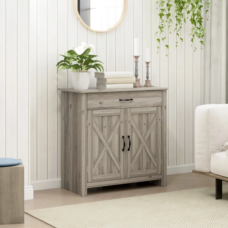 HOMCOM Farmhouse Sideboard Cabinet with Barn Doors Kitchen Buffet Cabinet with Drawer and Adjustable Shelf Gray Wash