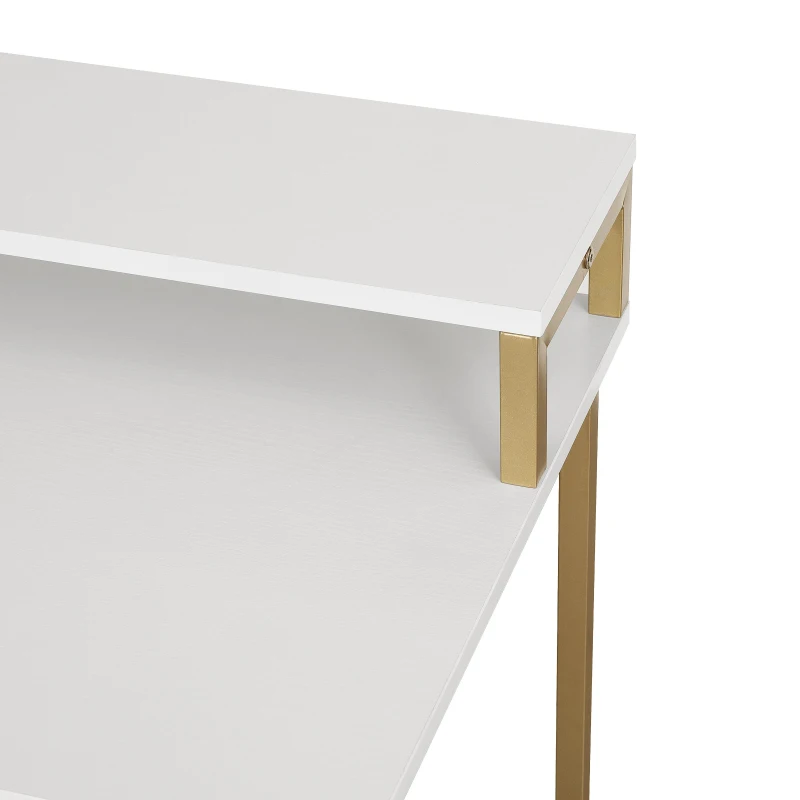 Industrial Writing Desk with Elevated Hutch Shelf and CPU Caddy, Modern Computer Table for Home Office, 46.5" L x 19" W x 34" H, Gold