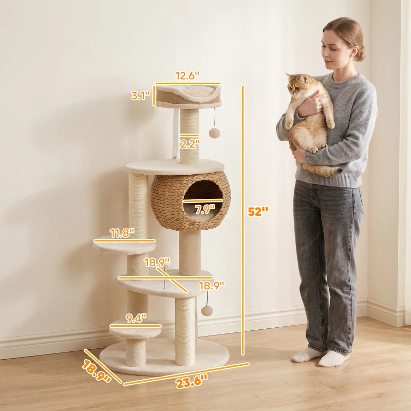 PawHut 52" Cat Tree, Cat Tower with Handwoven Cattail Condo, Bed, Platforms, 3 Scratching Posts and 3 Toy Balls