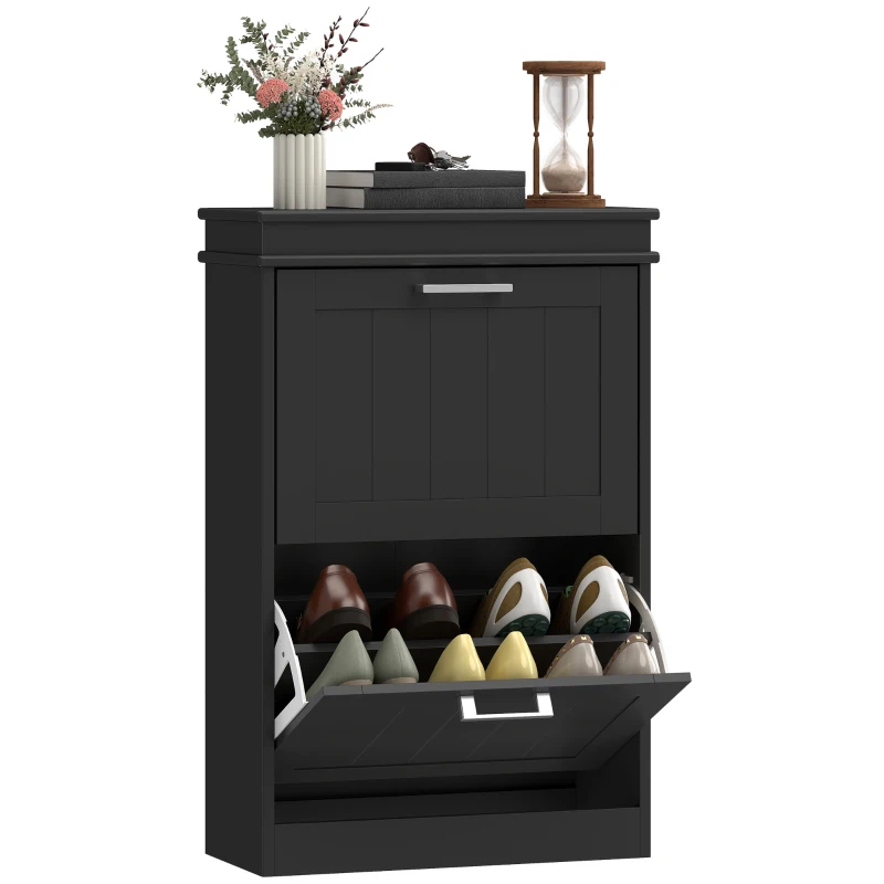 HOMCOM Modern Shoe Storage Cabinet with 2 Flip Drawers for 10 Pairs, Narrow Shoe Organizer for Entryway, Hallway, Black