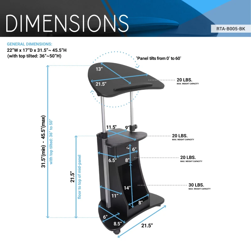 Ergonomic Sit-to-Stand Laptop Cart with Tilting Panel, Storage-Equipped Laptop Stand for Offices, 21.5″ L x 17″ W x 31.5″ H, Black