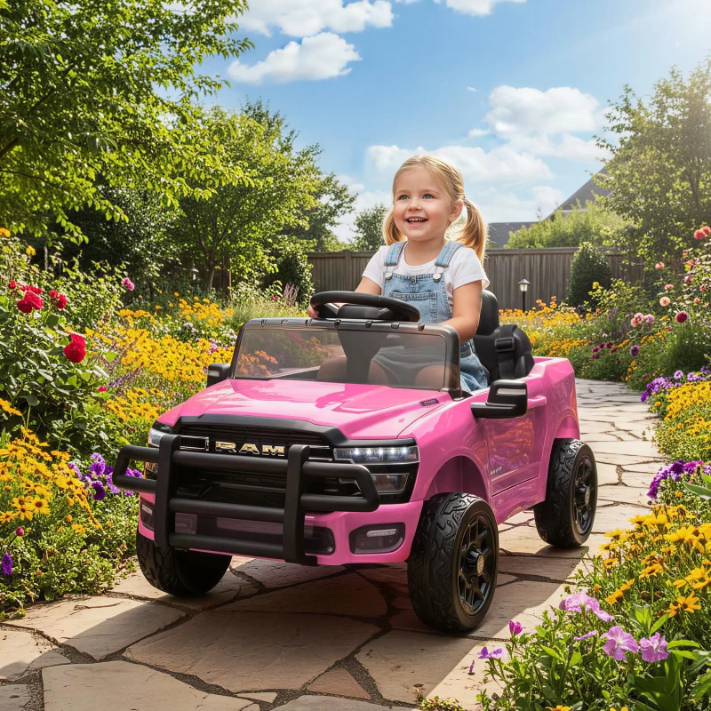 Qaba 12V Kids Ride on Car, Licensed Dodge RAM 3500 Ride on Toys with Dual Motors, Remote Control for Toddlers, Pink
