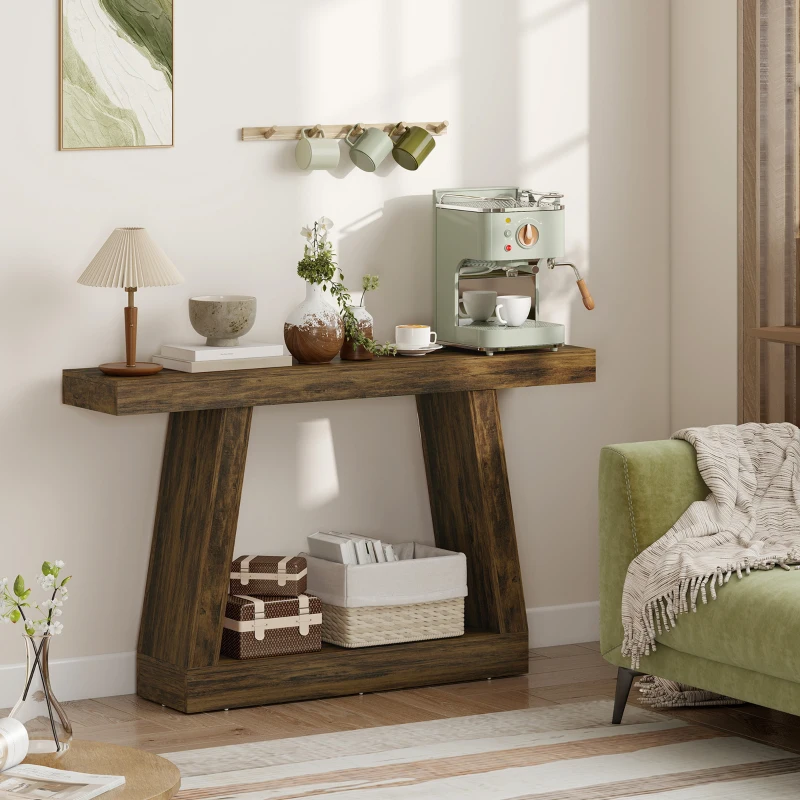 HOMCOM 55" Farmhouse Console Table, 2-Tier Entryway Table with Storage for Hallway, Living Room, Behind Couch, Rustic Brown