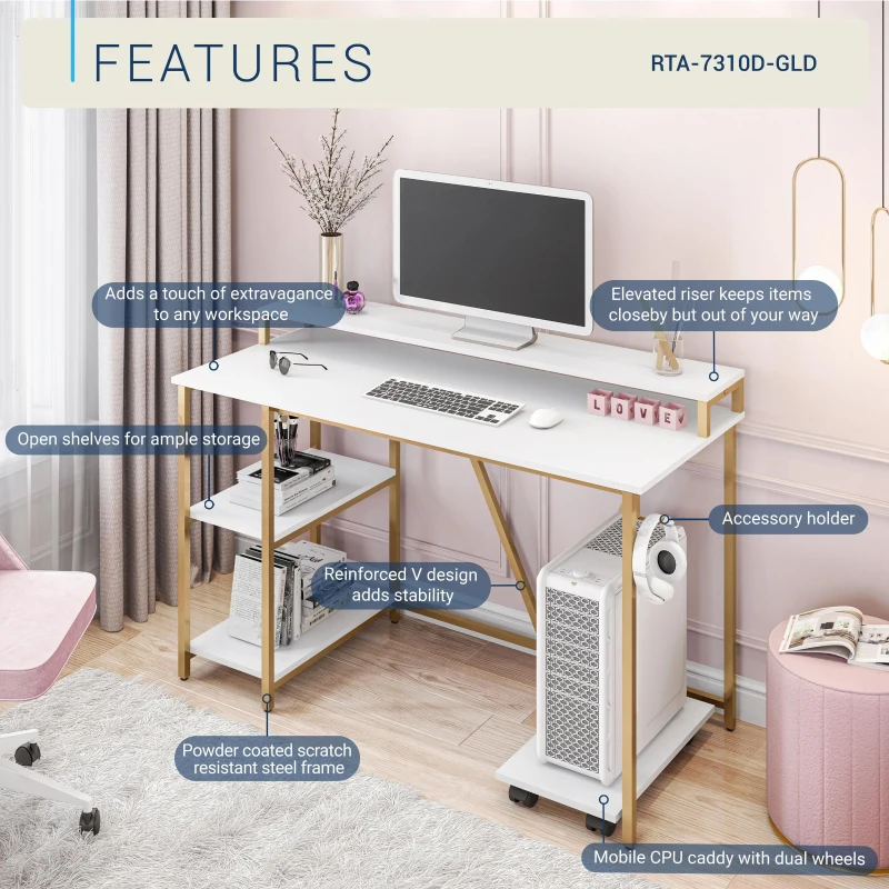 Industrial Writing Desk with Elevated Hutch Shelf and CPU Caddy, Modern Computer Table for Home Office, 46.5" L x 19" W x 34" H, Gold