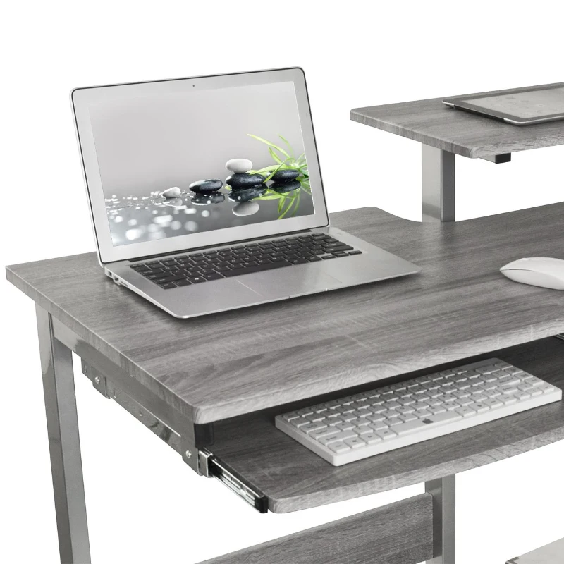 Practical Computer Desk with Slide-Out Keyboard Tray and Elevated Shelf, Ideal Workstation Table for Offices, Bedrooms, 38″ L x 22″ W x 35″ H, Gray