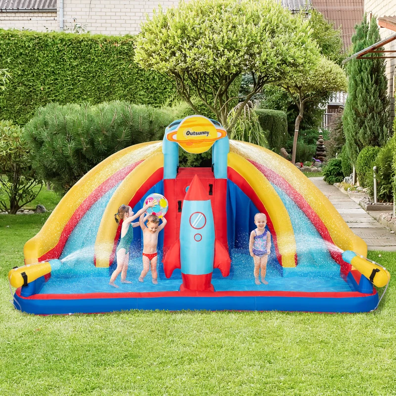 Outsunny 5-in-1 Inflatable Water Slide, Rocket Themed Kids Bounce House with Slide, Pool, Water Cannon, Hoop, Climbing Wall Includes Carry Bag, Repair Patches, without Air Blower