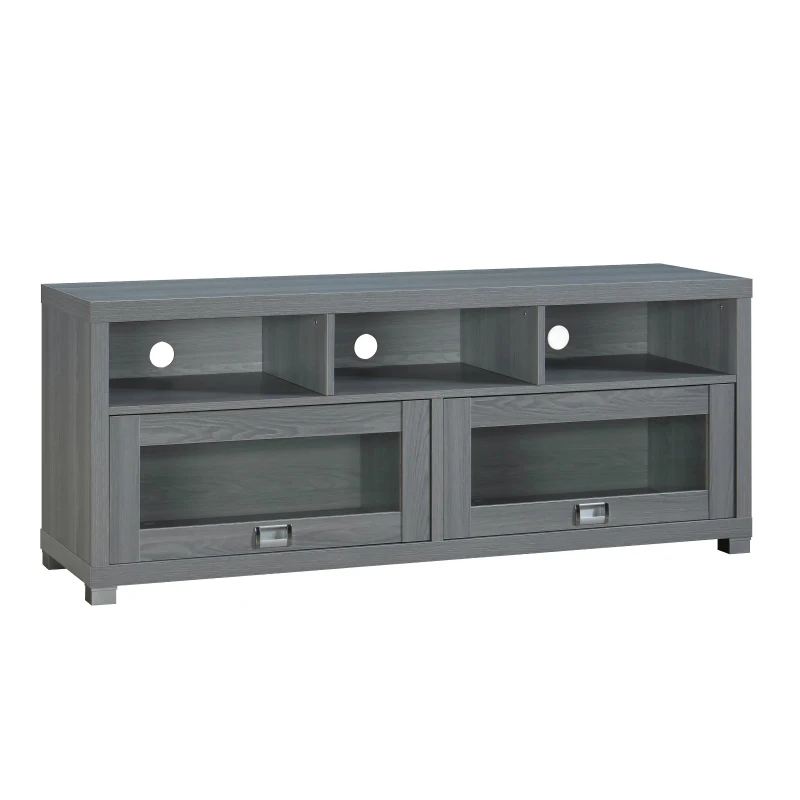 Sleek Durbin TV Stand with Glass Panel Cabinets and Cable Management, Modern Media Sideboard Cabinet for Living Room, 57" L x 15" W x 23" H, Grey