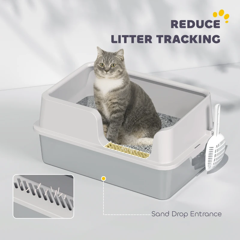PawHut Stainless Steel Litter Box with High Side, Scoop, Easy Cleaning & Anti-Urine Leakage, for Big Cats, Light Gray
