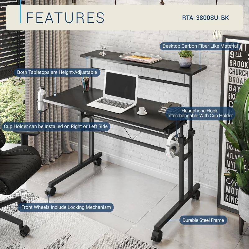 Mobile Writing Desk with Height Adjustment and Headphone Hook, Compact Worktable for Offices and Study Rooms, 35″ L x 23.5″ W x 28″ H, Black