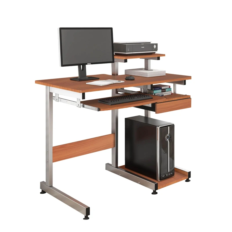 Practical Computer Desk with Slide-Out Keyboard Tray and Elevated Shelf, Ideal Workstation Table for Offices, Bedrooms, 38″ L x 22″ W x 35″ H, Brown