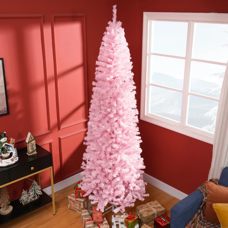 HOMCOM 8' Artificial Christmas Tree Douglas Fir Pencil Christmas Tree with 1168 Realistic Branch Tips, Pink
