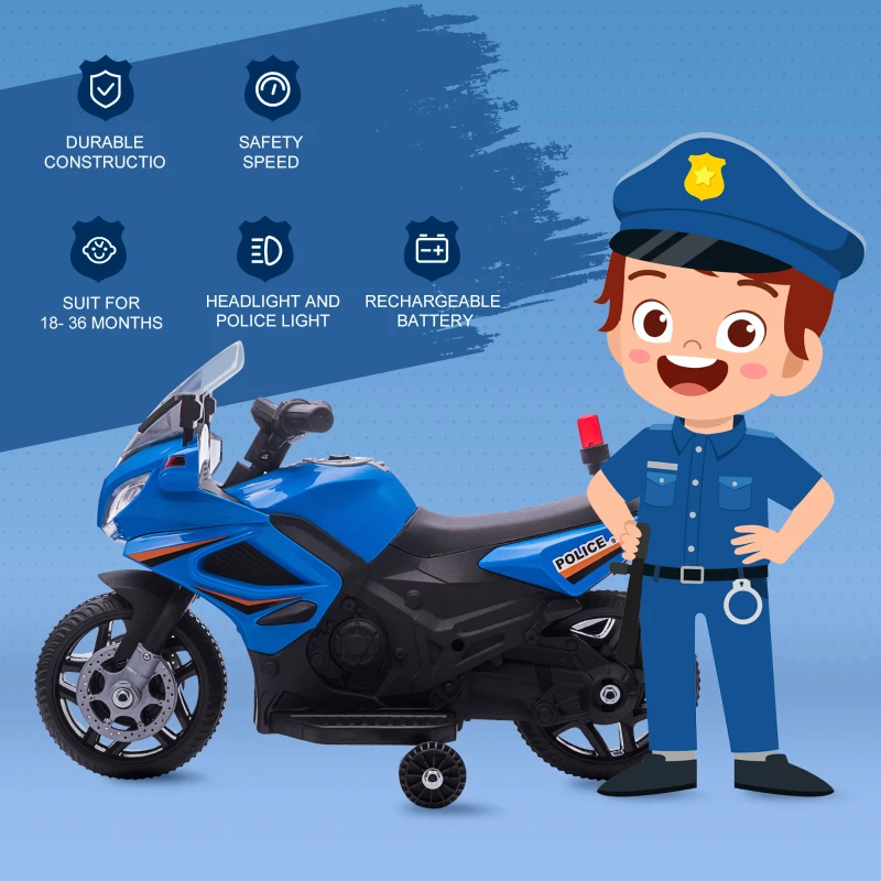 Aosom 6V Kids Motorcycle Police Electric Ride-On Dirt Bike Off-road Street Bike Battery Powered Rechargeable Horn Headlights Training Wheels Realistic Sounds for Girls and Boys 18 - 36 months Blue