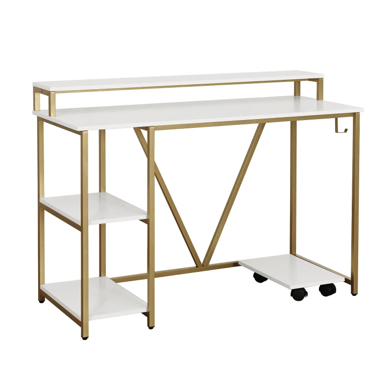 Industrial Writing Desk with Elevated Hutch Shelf and CPU Caddy, Modern Computer Table for Home Office, 46.5" L x 19" W x 34" H, Gold