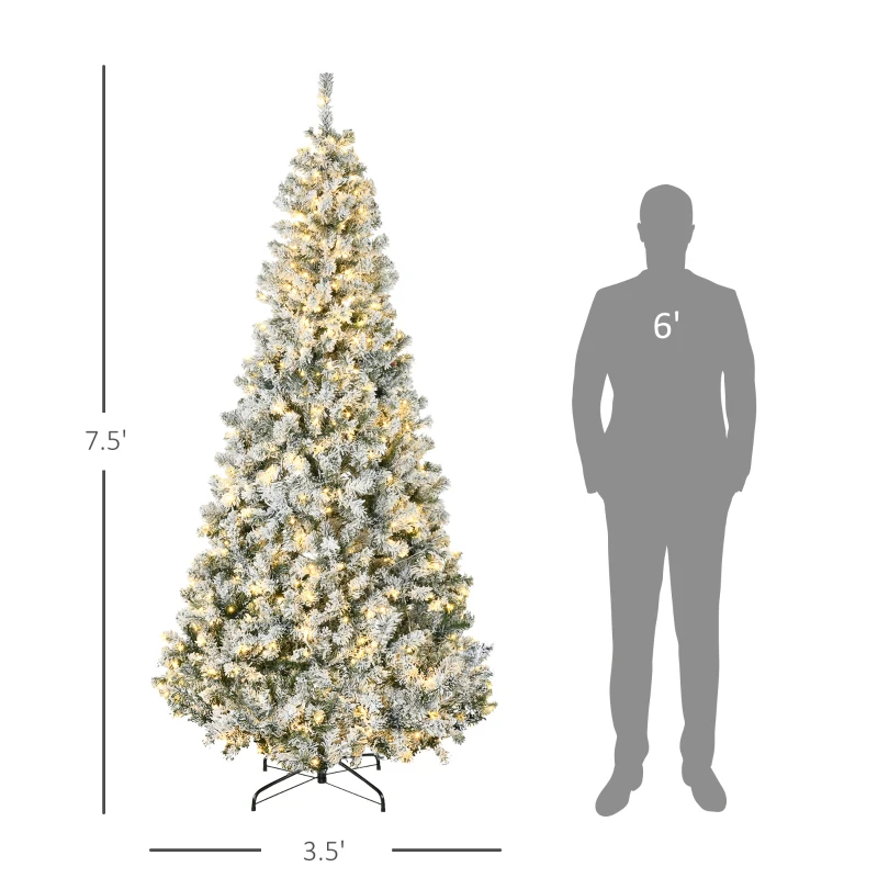HOMCOM 7.5' Prelit Artificial Flocked Christmas Trees, with Snow Frosted Branches, Warm White LED Lights, Auto Open