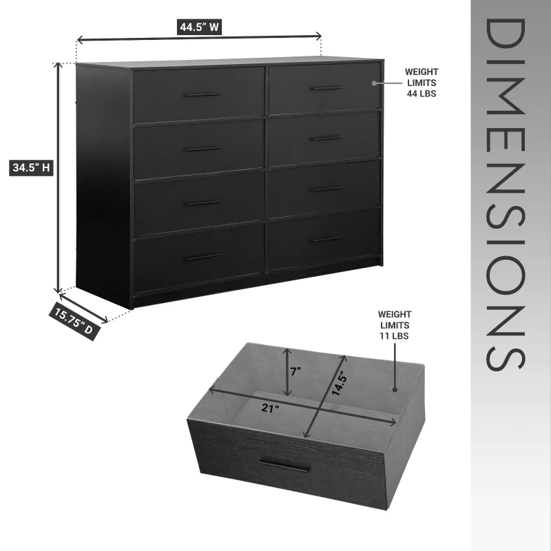 Roomy 8-Drawer Dresser with Water-Resistant Top, Ideal Storage Chest for Bedrooms, Living Rooms, TV Stand, 44.5" L x 16" W x 34.5" H, Black