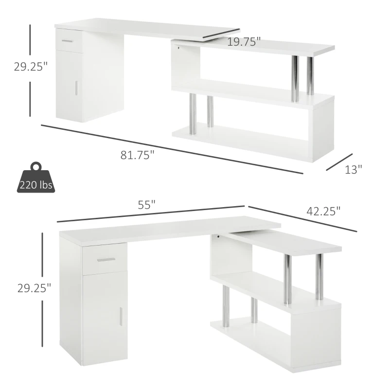 HOMCOM Rotating Computer Desk, 55" L-Shaped Desk, Corner Desk with Storage Shelves, Cabinet and Drawer for Home Office, White
