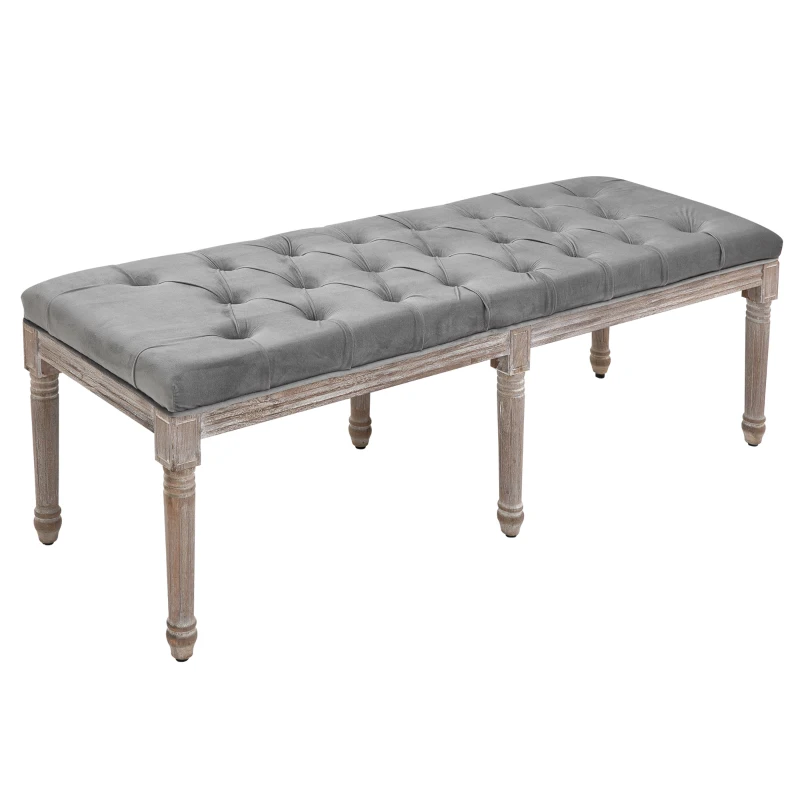 HOMCOM Bedroom End of Bed Bench, 56" Upholstered Entryway Bench with Button Tufted, Thick Padding and Wood Legs, French Vintage Style Linen-Feel Ottoman Bench for Hallway, Living Room, Gray