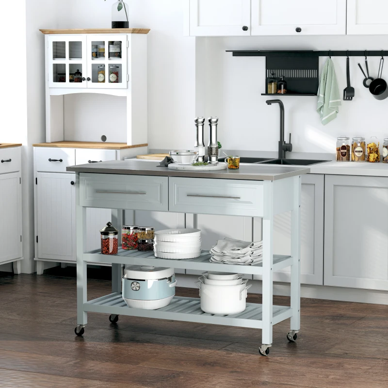 HOMCOM Kitchen Island with Stainless Steel Top, Traditional Kitchen Island with Storage, Butcher Block Cart 2-Tier Open Shelves, Drawers, Light Gray