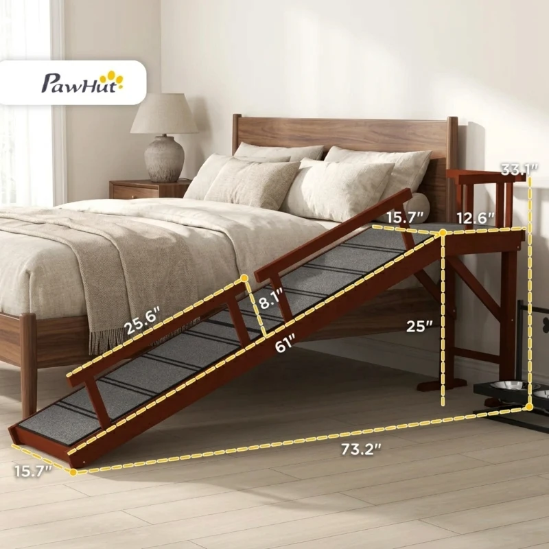 PawHut Wooden Dog Ramp with Removable Guardrails, Non-Slip Surface, 73" Long, Brown(m-4)