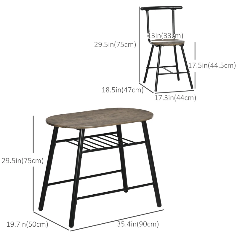 HOMCOM 3-Piece Dining Table Set, Oval Kitchen Table and 2 Chairs, Small Breakfast Table Set with Metal Frame for Small Space, Dining Room, Living Room, 35.4" x 19.7" x 29.5"