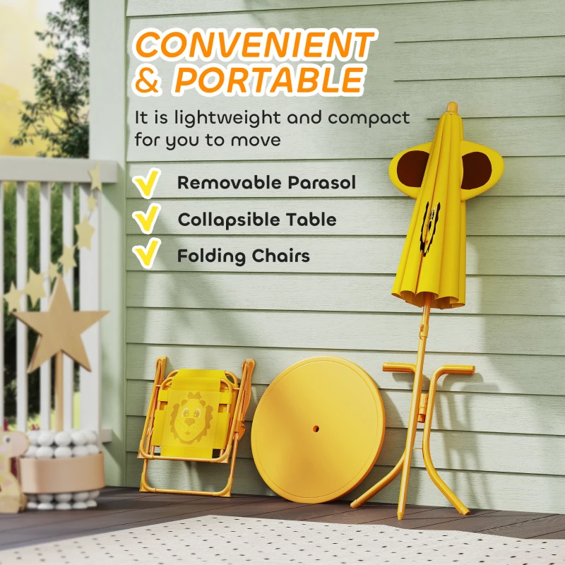 Qaba Kids Picnic Table and Chair Set, Outdoor Activity Table with Foldable Chairs, Height Adjustable Umbrella, Yellow