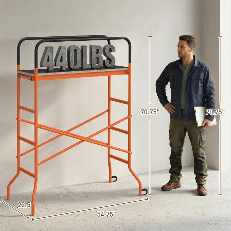 HOMCOM Scaffolding Work Platform, Rolling Scaffolding with Wheels, Scaffold for Building Construction, Orange