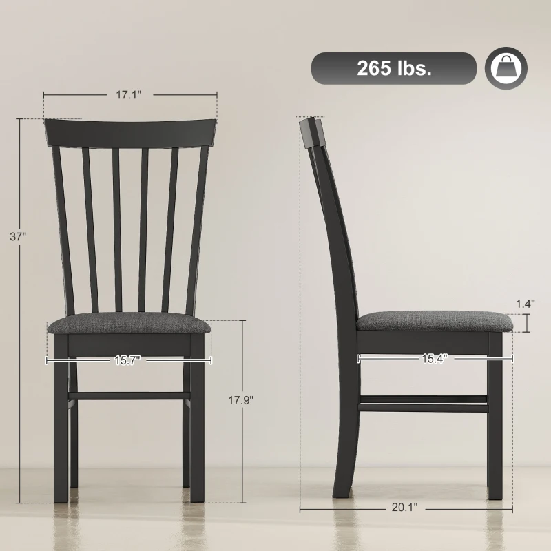 HOMCOM Wooden Dining Chairs Set of 2, Farmhouse Upholstered Kitchen Chairs with Rubber Wood Frame, Black and Gray