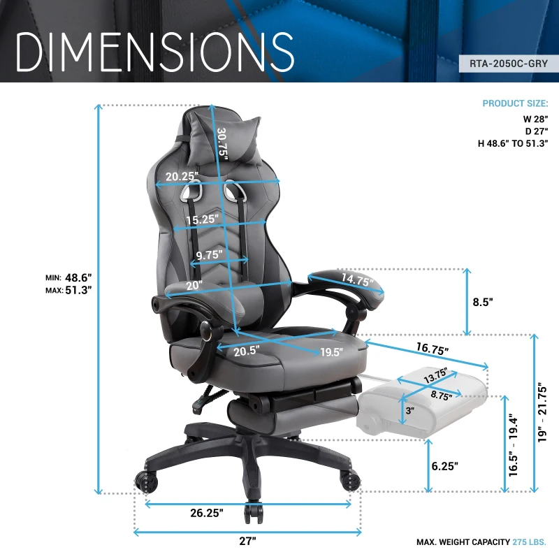 Comforting Executive Chair with Extending Footrest and Headrest Pillow, Ergonomic Office Chair for Gaming Rooms, 28″ L x 27″ W x 48.5″ H, Gray