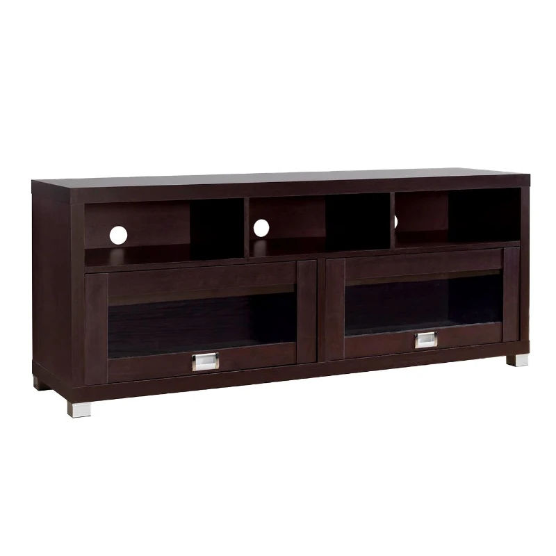 Sleek Durbin TV Stand with Glass Panel Cabinets and Cable Management, Modern Media Sideboard Cabinet for Living Room, 57" L x 15" W x 23" H, Espresso