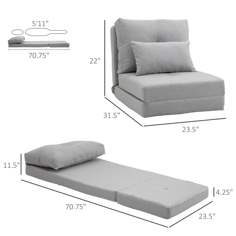 HOMCOM Folding Sofa Bed, Convertible Sleeper Chair with Adjustable Backrest, Metal Frame and Pillow, Upholstered Chair Bed Floor Sofa for Living Room Bedroom, Light Gray