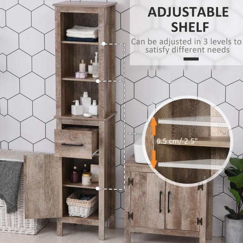 kleankin Tall Bathroom Storage Cabinet, Freestanding Linen Tower with 3-Tier Open Adjustable Shelves, and Drawer, Narrow Slim Floor Organizer