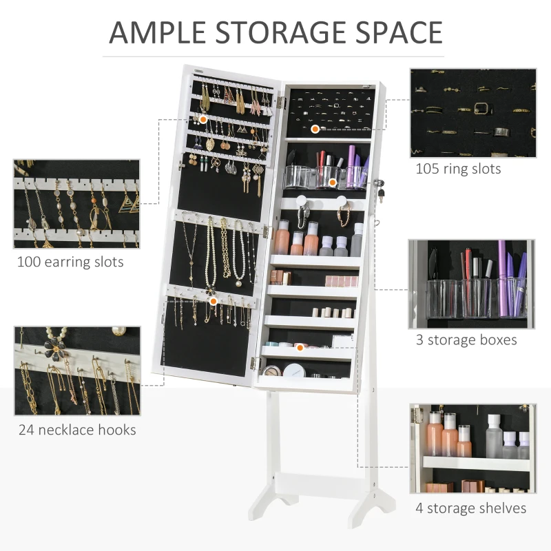HOMCOM Lockable Jewelry Armoire with LED Light, Standing Mirror with Storage for Bedroom Dressing Room, White