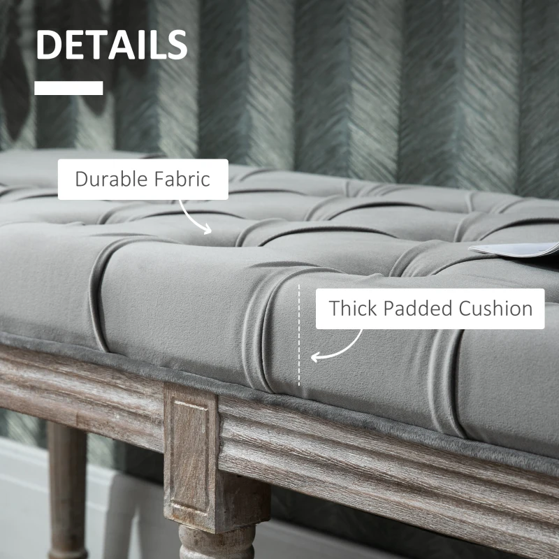 HOMCOM Bedroom End of Bed Bench, 56" Upholstered Entryway Bench with Button Tufted, Thick Padding and Wood Legs, French Vintage Style Linen-Feel Ottoman Bench for Hallway, Living Room, Gray