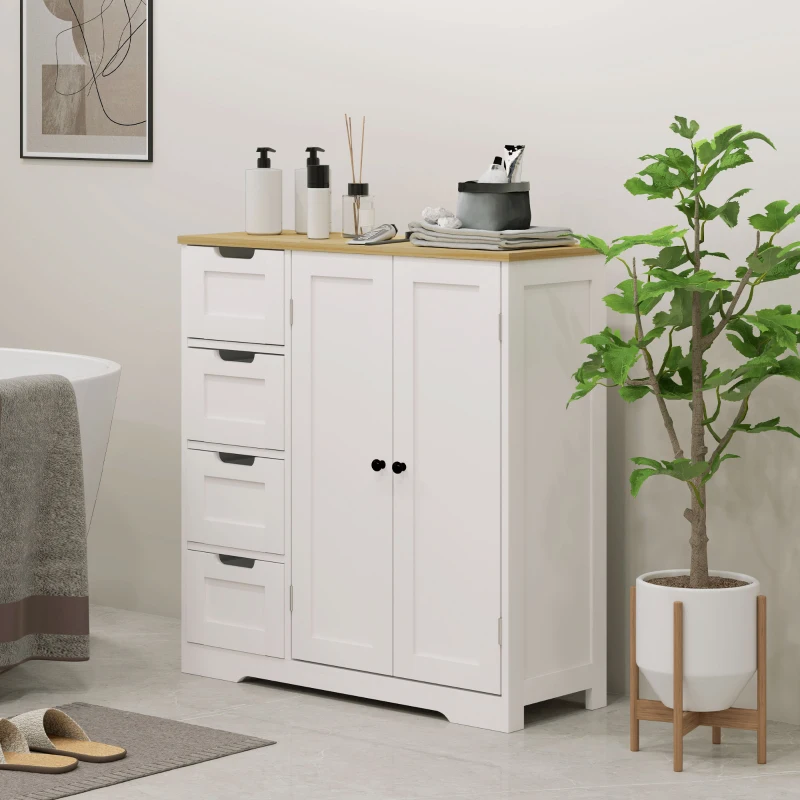 HOMCOM Freestanding Bathroom Floor Cabinet, Modern Bathroom Cabinet with Adjustable Shelf, 4 Drawers and 2 Doors, White