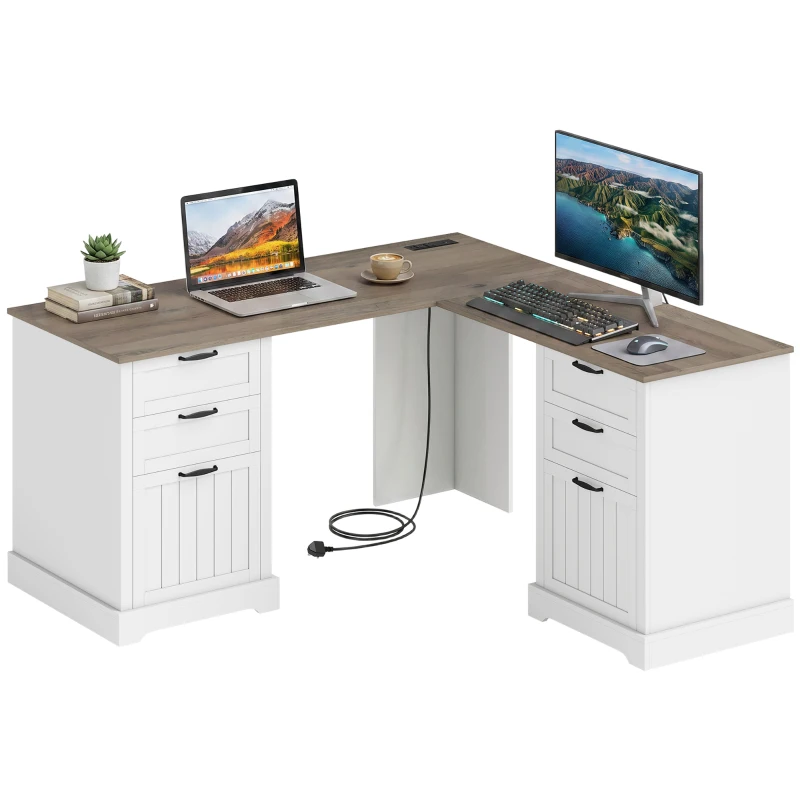 HOMCOM L Shaped Computer Desk with Power Outlets & USB Charging, Corner Desk with 6 Drawers, Hanging Bar, Brown and White