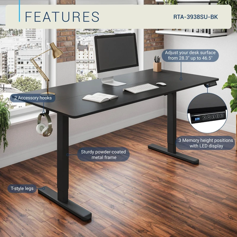 Sleek Electric Standing Desk with 3 Memory Presets and Hooks, Height Adjustable Sit to Stand Computer Desk for Home Office, 55'' L x 23.5″ W x 28'' H, Black