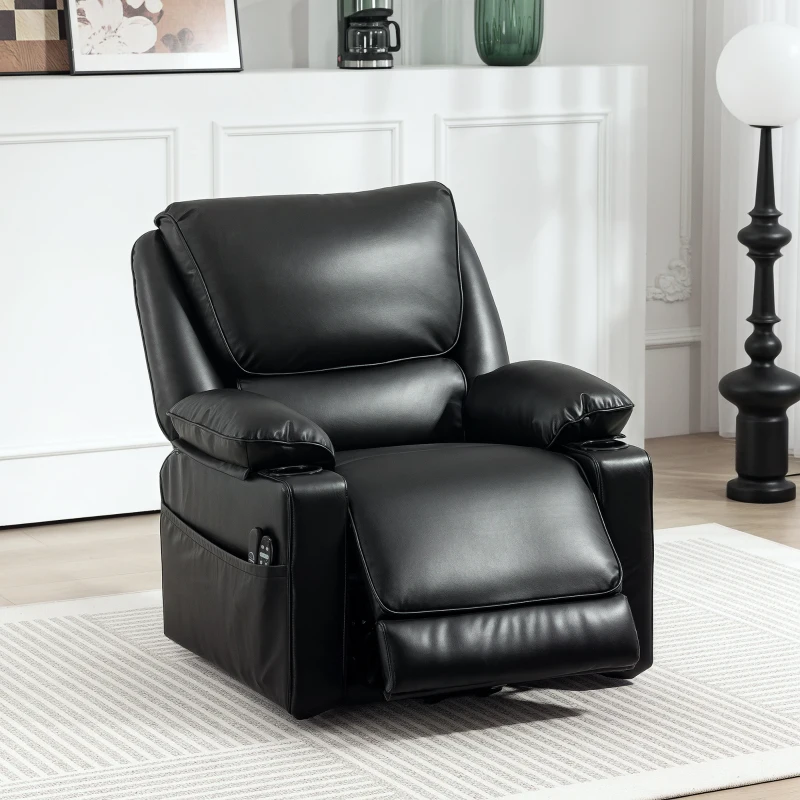 HOMCOM Power Lift Chair for Elderly, Faux Leather Recliner Sofa with Vibration Massage and Heat, Remote, Side Pockets, Black