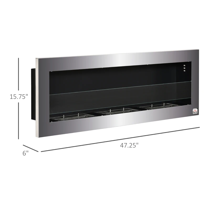 HOMCOM Ethanol Fireplace, 47.25" Wall-Mount 0.3 Gallon Steel 215 Sq Ft., Burns up to 3 Hours, Silver