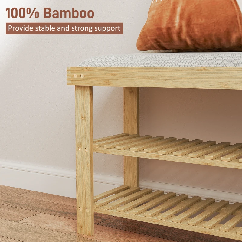 HOMCOM Bamboo Shoe Storage Bench, 3-Tier Entryway Bench with Cushion, Shoe Organizer for Entryway, Hallway, Natural