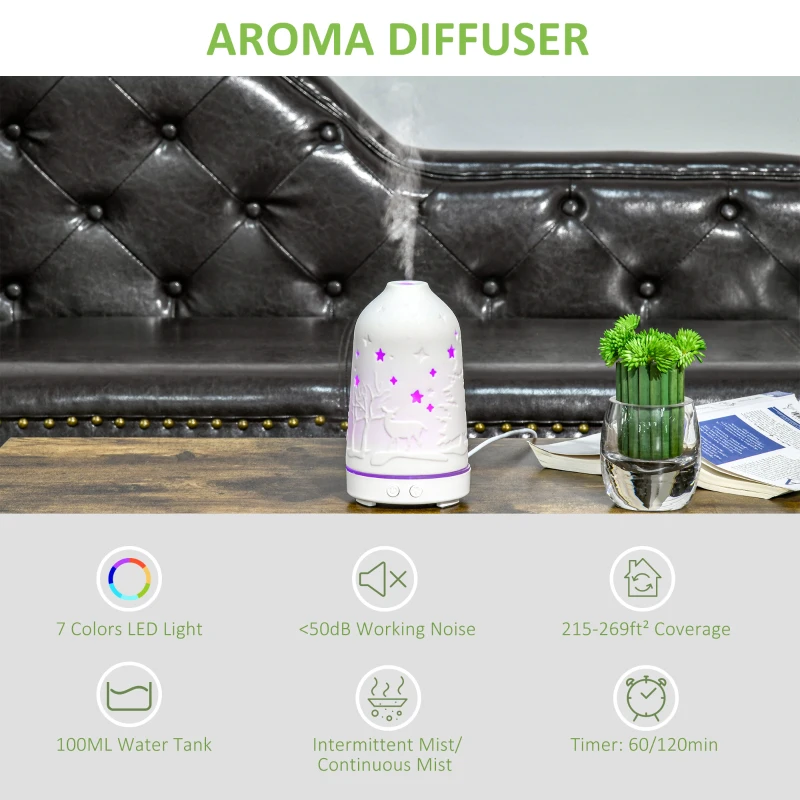 HOMCOM 100ml Ultrasonic Aromatherapy Diffuser, Essential Oils Humidifier with Ceramic Cover, 7 Colors LED Lights, Timer, Waterless Auto-off for Home and Office, White