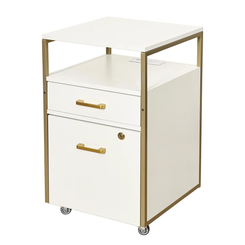 Modern File Cabinet with 2 USB and Power Outlet Port, Perfect Storage Unit for Home Offices or Workspaces, 15.5" L x 15.5" W x 26" H, White+Gold