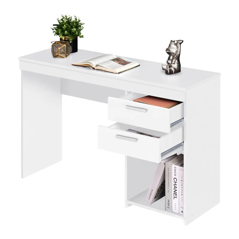 Contemporary White Workstation with Open Bottom Shelf, Modern Home Office Computer Writing Desk for Small Space, 47.5" L x 16" W x 30.5" H, White