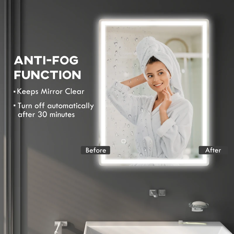 HOMCOM 32" x 24" Bathroom Mirror with LED Lights, Dimmable Makeup Mirror, Vanity Mirror with 3 Colors, Smart Touch, Anti-Fog