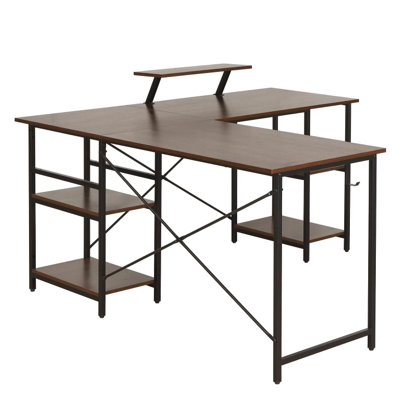 Industrial L-Shaped Desk with Raised Monitor Stand and Open Shelves, Modern Corner Computer Workstation for Home Office, 59" L x 59" W x 35" H, Walnut