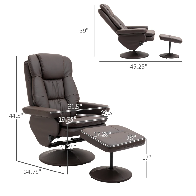 HOMCOM PU Leather Recliner Chair with Ottoman, Swivel Recliner and Ottoman with Round Wrapped Base for Living Room, Brown