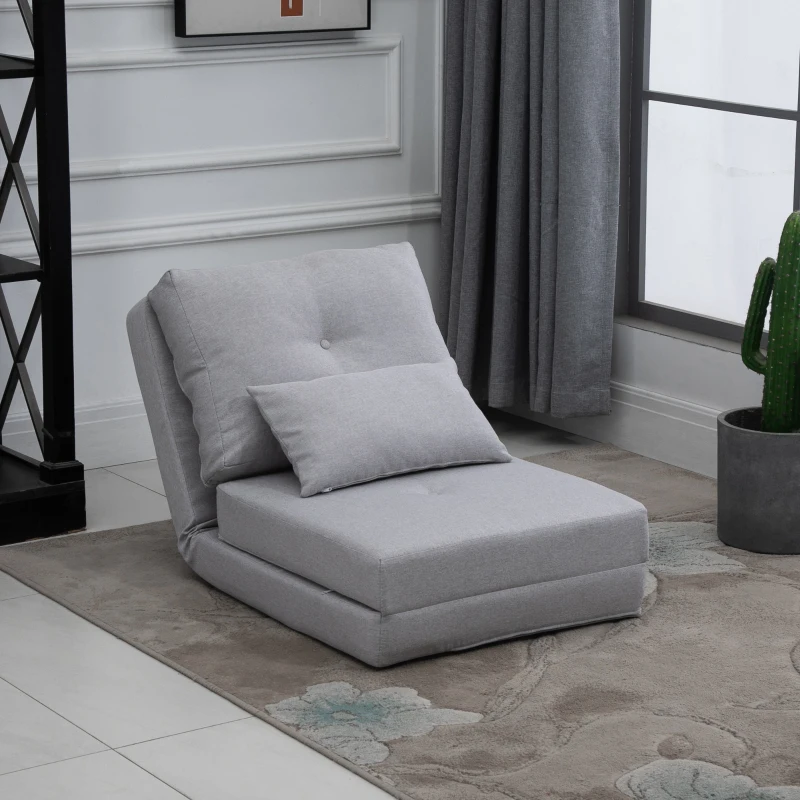 HOMCOM Folding Sofa Bed, Convertible Sleeper Chair with Adjustable Backrest, Metal Frame and Pillow, Upholstered Chair Bed Floor Sofa for Living Room Bedroom, Light Gray