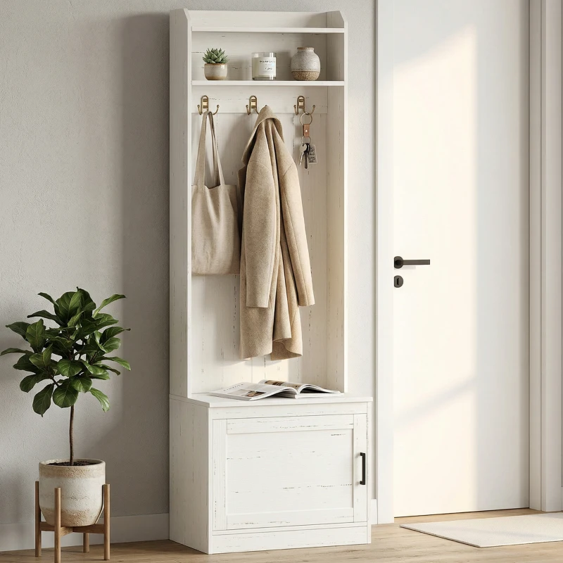 HOMCOM Narrow Hall Tree with Shoe Storage Bench, Rustic Entryway Bench with Coat Rack, Accent Coat Tree with Storage Shelves for Hallway, Mudroom, White Wood Grain
