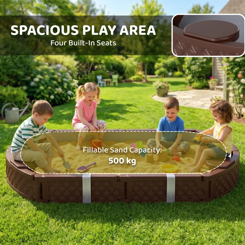 Qaba Kids Sandbox with Cover, 4 Corner Seats, Bottom Liner for Backyard, Garden, Outdoor, 71" x 42" W x 9", Dark Brown