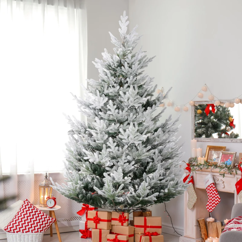 HOMCOM 7.5 FT Artificial Christmas Tree, Flocked Hinged Xmas Tree with 1218 Tips, Steel Base, Auto Open, Green