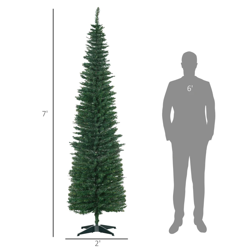HOMCOM 7ft Unlit Pencil Artificial Christmas Tree with Realistic Branches and 499 Tips, Plastic Base, Green